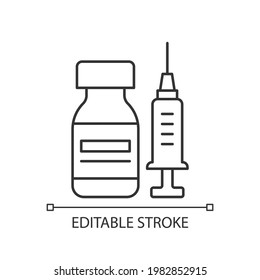 Vaccine bottle linear icon. Vial with drug and syringe. Pharmaceutical remedy. Medication for flu. Thin line customizable illustration. Contour symbol. Vector isolated outline drawing. Editable stroke