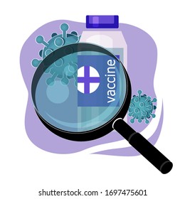 Vaccine bottle - search and testing of preventive medication against coronavirus. View through magnifying glass. Concept  for protection against viruses, disease causing microorganisms, COVID-19
