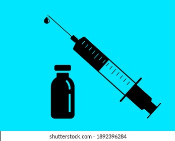 Vaccine bottle and syringe icon vector. Vaccination two step with black glass vial of drug blue immunization. Anti coronavirus therapy with persistent immunity.