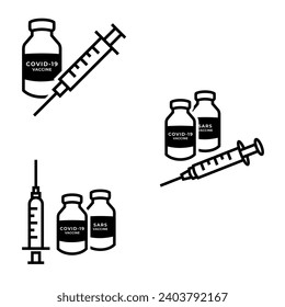 Vaccine bottle and syringe icon. Vector illustration isolated on white. Treatment vaccine injection, Medical flat simple outline logo collection set.
