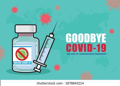 Vaccine bottle and syringe injection for immunization treatment. Anti Covid-19 vaccine concept art copy space. The end of the Covid-19 pandemic. Fight against coronavirus. Flat vector illustration.