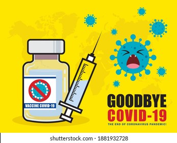 Vaccine bottle and syringe injection for immunization treatment. Anti Covid-19 vaccine concept art. Goodbye, End of the Covid-19 pandemic. Fight against coronavirus. Flat vector illustration.