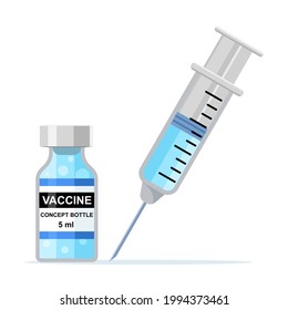 Vaccine Bottle and Syringe on white background. Vector illustration flat design.