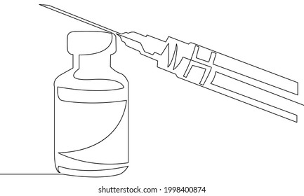 Frasco de vacuna y jeringa, una sola línea continua sobre el vector de ilustración de fondo blanco.