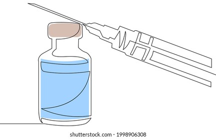 Frasco de vacuna y jeringa, una sola línea continua sobre el vector de ilustración de fondo blanco.