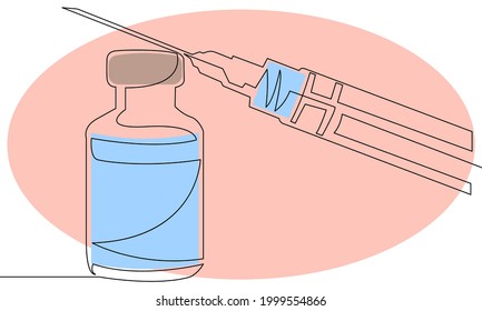 Frasco de vacuna y jeringa, una sola línea continua sobre el vector de ilustración de fondo blanco.