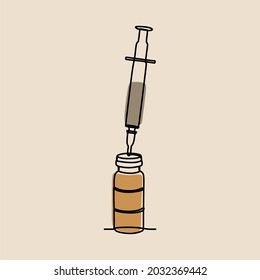 Vaccine bottle and syringe oneline continuous line art premium vector