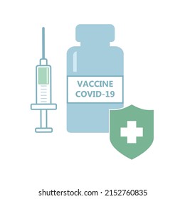 Vaccine bottle, syringe and shield. vector illustration
