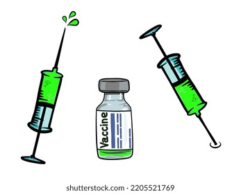 Vaccine bottle and syringe vector drawing. Hand drawn drug ampoule and syringe injection Isolated on white background. Vaccination, immunization, treatment concept