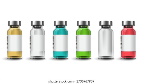 Vaccine bottle vector set. Vaccine bottles mockup template with various color isolated in white background for graphic elements. Vector illustration.
