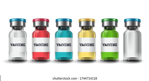 Vaccine bottle vector set. Vaccine bottle mockup with various colors for vaccination and immunization design elements isolated in white background. Vector illustration.
