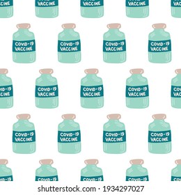 Vaccine bottles Coronavirus seamless vector pattern. Repeating background Covid vaccine dose hand drawn illustration. Vaccination dose. Stop Covid. Prevention, immunization, treatment from Covid-19.