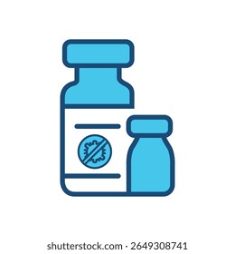 Ícone de Garrafas de Vacina - Frascos de Medicamento Antivírico para a Covid-19 ou Prevenção da Gripe - Vetor de Estilo Plano e Linha, Ícone Vetor de dois frascos de medicamento ou vacina, com símbolo de proteção contra vírus no rótulo. 