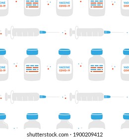 Vaccine bottles, injections, medical syringes vector cartoon style seamless pattern background. Vaccination concept.
