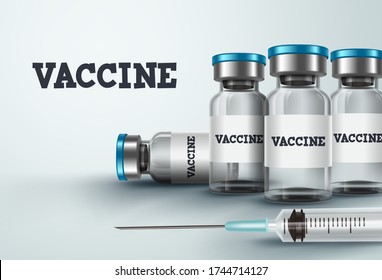 Vaccine bottles vector design. Vaccination medicine with syringe and vaccine bottle for covid-19 coronavirus antiviral immunization in white background. Vector illustration.
