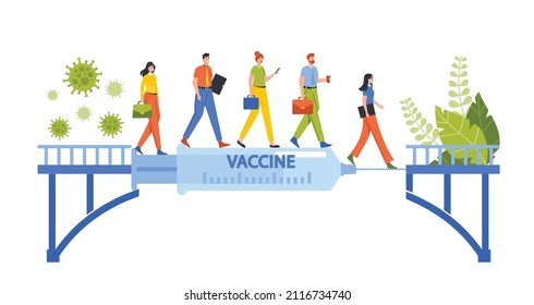 Vaccine as a Bridge from Problems Concept. Male and Female Characters Cross over the Huge Syringe with Remedy of Coronavirus Infection. Healthy Life, Protection. Cartoon People Vector Illustration