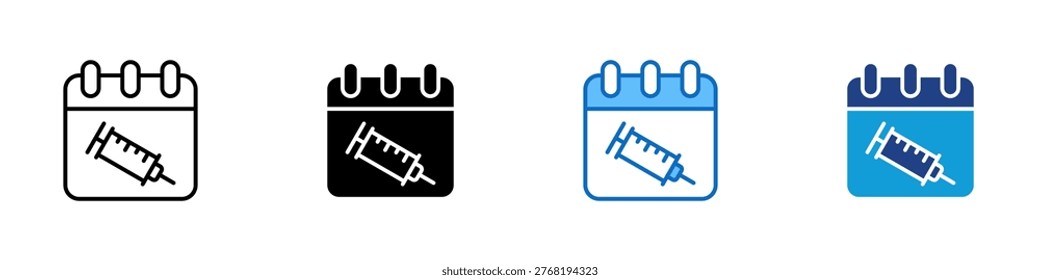 Vaccine Calendar Multiple Style Icon Design Vector - Calendar with syringe representing vaccination scheduling, immunization tracking, and healthcare planning