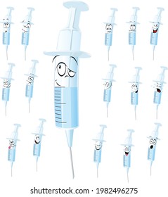 Vaccine Cartoon with Many Facial Expressions - Vector Illustration Isolated on White Background