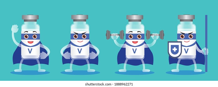 Vaccine cartoon in superhero . using blue and white as a base. Perfect for use as part of website designs, social media ads, presentations, posters, etc.