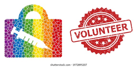 Vaccine case mosaic icon of round elements in different sizes and LGBT colorful color tinges, and Volunteer grunge rosette stamp seal. A dotted LGBT-colored Vaccine case for lesbians, gays,
