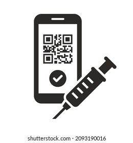 Vaccine certificate icon. Vaccination status on mobile device. QR code. Vaccine passport. COVID pass. Fully vaccinated. Vector icon isolated on white background.