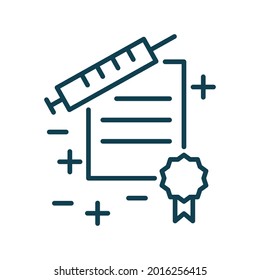 Vaccine certificate reliability icon. Paper and syringe. Editable stroke symbol. Vaccines against virus, vaccination sheldule, anti vaccine, shield virus. Flu, hepatitis, measles covid prevention