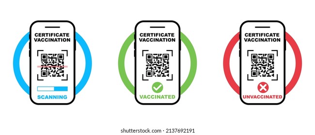 Vaccine certificate in smartphone screen. Scanning  qr code for the presence of a coronavirus vaccination. Certificate of vaccine  from coronavirus  in phone application. 