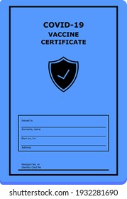Vaccine certificate, vaccination record, black letters on blue background, vector.