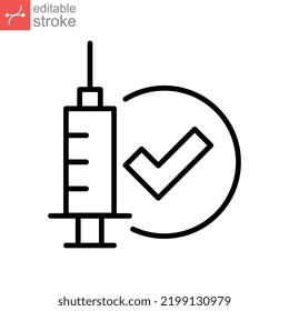 Überprüfung des Impfstoffes, Symbol der Spritzenlinie. Injektionen, genehmigte Impfung gegen Krankheiten. Covid19, Coronavirus Needle and Check Mark Infektion Bearbeitbare Schlaganfall-Vektorgrafik-Design auf weißem Hintergrund EPS10