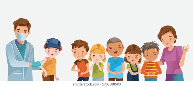 Vaccine child. Doctor holds an injection vaccination boy. Pediatrician doctor child care. Teachers and children in child care center. Vaccination concept. Vector illustration.