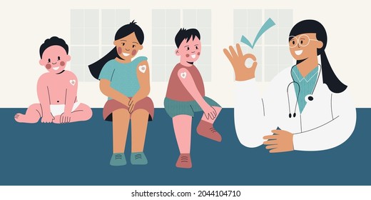 Vaccine for children Kids after vaccination with nurse. Little girl and boy with plaster on shoulder from injection. Vaccinated baby. Medicine and healthcare for toddlers. Vector illustration, banner