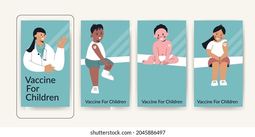 Vaccine for children or Kids after vaccination ig story template. Little girl and boy with plaster on shoulder from injection. Vaccinated baby. Medicine and healthcare for toddler. Vector illustration