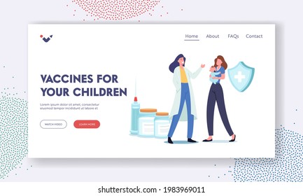 Vaccine for Children Landing Page Template. Immunity Health Care. Mother Bring Little Baby to Hospital for Vaccination and Immunization Procedure. Doctor with Syringe Shot. Cartoon Vector Illustration