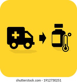 Vaccine in cold storage while transportation awareness sign. Black and yellow vector icon. Store in lower temperature medical supplies.