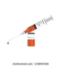 vaccine color with plastic syringe, vial of medicine on write background. Vector illustration.