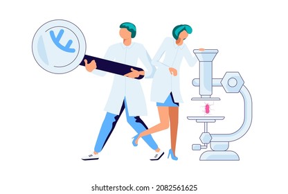 Vaccine complete development concept. Scientist people develop and test new corona virus covid19 vaccine, holding medical equipment in science laboratory. Flat Art Vector Illustration