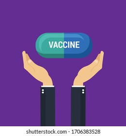 vaccine concept - business hand holding pills.Conceptual vector illustration in flat style design.Isolated on background.