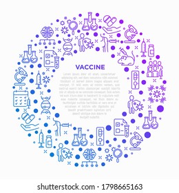 Vaccine concept in circle with thin line icons: syringe and ampoule, laboratory test, immune system, injection in forearm, covid-19 test, vaccine trials, ai investigates virus. Vector illustration.