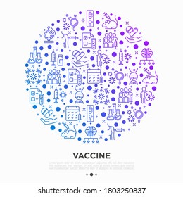 Vaccine concept in circle with thin line icons: syringe and ampoule, laboratory test, immune system, injection in forearm, covid-19 test, vaccine trials, timetable, ai. Vector illustration.
