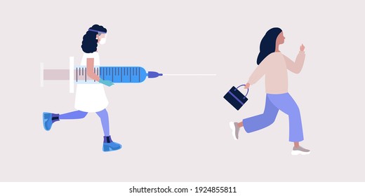 Vaccine concept. Conspiracy theory. Young woman running away from doctor with vaccine. Vector illustration in a flat style
