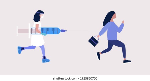 Vaccine concept. Conspiracy theory. Young woman running away from doctor with vaccine. Vector illustration in a flat style