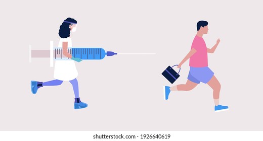 Vaccine concept. Conspiracy theory. Young man running away from doctor with vaccine. Vector illustration in a flat style