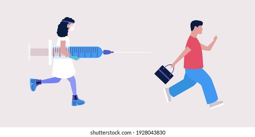 Vaccine concept. Conspiracy theory. Young man running away from doctor with vaccine. Vector illustration in a flat style
