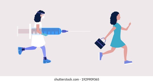 Vaccine concept. Conspiracy theory. Young woman running away from doctor with vaccine. Vector illustration in a flat style