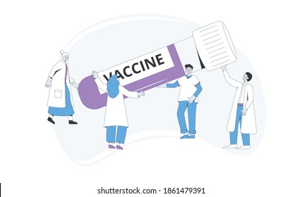 Concepto de vacunas. Vacuna de coronavirus completa. Jeringa para inyección del virus de Corona. Investigación del tratamiento y la prevención de la medicina. Ilustración plana de la línea de vectores.