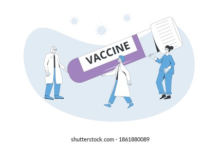 Vaccine concept. Coronavirus vaccine complete development. Corona virus injection syringe. Research of treatment and prevention medicine. Vector line art  flat illustration.