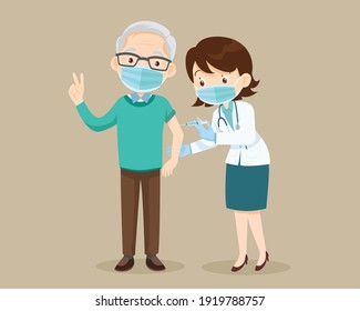 Vaccine Concept, Doctor Injection Vaccine For Elderly Man, Doctor In A Clinic Giving A Coronavirus Vaccine To Old Man