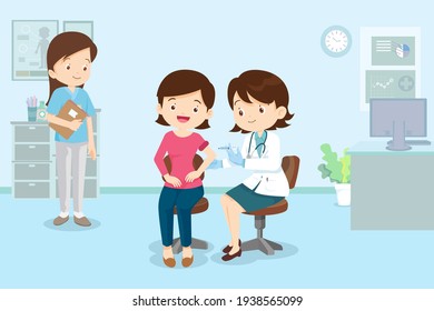 vaccine concept, vaccine concept, doctor injection vaccine for woman, doctor in a clinic giving a coronavirus vaccine to woman.Doctor Successful covid-19 vaccination for people.