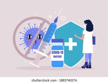 Vaccine concept. Doctor on the background of the vaccine against coronavirus. Vector illustration in a flat style