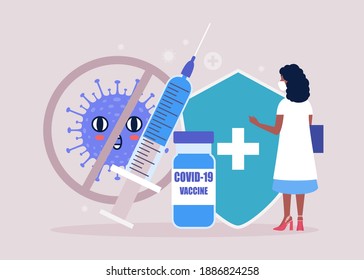 Vaccine concept. Doctor on the background of the vaccine against coronavirus. Vector illustration in a flat style
